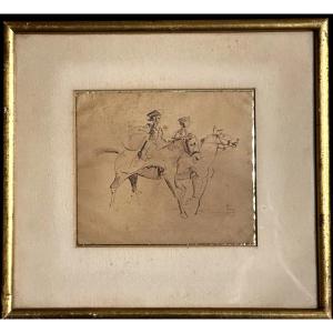 Brazil 19th Century Bistre Ink Signed (?) 2 Riders Rio De Janeiro