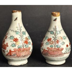 Japan 19th Century Pair Of Miniature Vases Jewel Bottles In Polychrome Porcelain Flowers And Butterflies