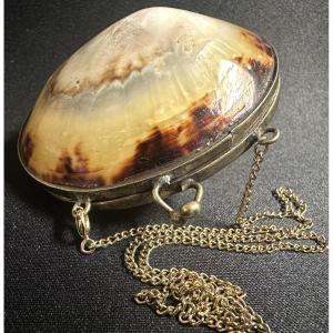 Antique Shell Box Necklace With Unmarked Silver Clasp And 20th Century Gold Chain