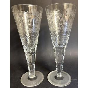 Pair Of Large Engraved Cut Crystal Cornet Vases, Dated 1890, Wedding Vases, 28.1 Cm