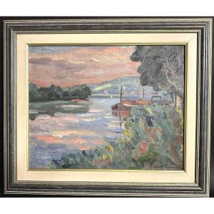 Oil Signed (?) 1937 The Seine At Conflans Jean Souvrain?