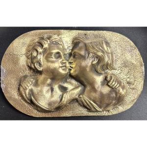 Old Bronze Plaque Decorated With 2 Cherubs Embracing Boys In High Relief