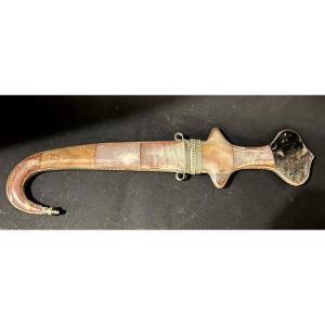 Antique Yemeni Jambiya Dagger In Low-grade Silver And Arabian Steel Hard Stones