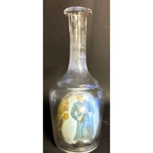 19th Century Hollow Carafe With Painted Interior Decoration Blown Glass Bottle Curiosity 