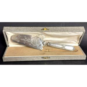 Pie Server In Case In Very Good Condition, Engraved And Openwork Silver Metal, Circa 1900