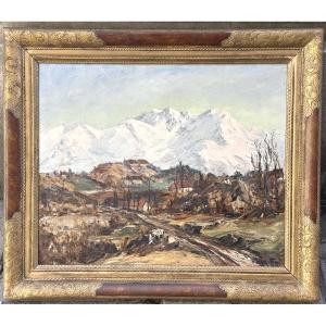 Francis Cariffa 1890-1975 Large Oil Painting Mont Granier And Snow-covered Alps 1938 Savoie