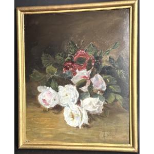 édouard Charton 1855- Oil Flower Throw With White And Red Roses 