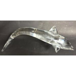 Daum Very Large Dolphin Sculpture 55cm In Signed Crystal