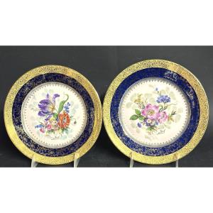 Pair Of Fine Porcelain Plates With Floral Decoration Signed Limoges Circa 1950