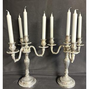 Pair Of Silver-plated Candelabras With 4 Lights, Louis XVI Style, Early 20th Century