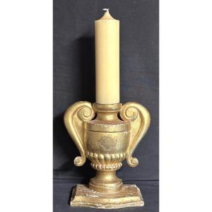 Late 18th Century Gilded Wooden Candlestick, Amphora Shape With Handles, 28.5cm