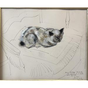 émile Grau Sala 1911-1975 Large Gouache And Ink Cat On An Armchair 1958