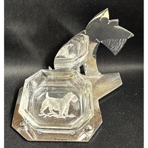 Fox Terrier Art Deco Serving Tray In Chromed Metal And Engraved Glass With Dog 1930