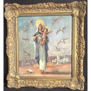 Gaston Ploquin 1882-1970 Lyon Oil Virgin And Child And Turtle Doves Art Deco Circa 1930 