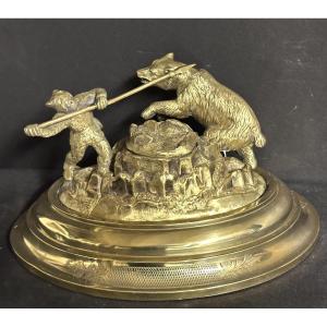 Bear Hunting Bronze Inkwell 19th Century Russian? Rare Hunter