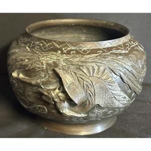 19th Century Japanese Bronze Planter/cachepot With Bird And Plant Decoration Circa 1890