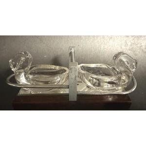 Art Deco Swan Crystal Salt And Pepper Shaker Set With Rosewood And Chrome Stand