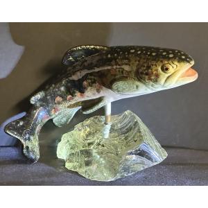 Raymond Gangloff 20th Century Trout, Mounted And Signed, Polychrome Earthenware On A Glass Base, 25cm