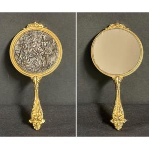 Antique Handbag Mirror With A Pastoral Scene In Bronze On The Back. Very Good Condition.