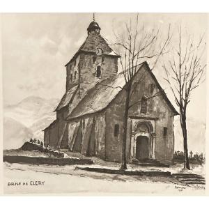 Joanny Drevet 1889-1969 Etching Church Of Clery 1936 Savoie 73 Alps 