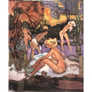 Pierre Grisot 1911-1995 Rare Silkscreen Print Young Women Bathing Yellow Symphony Curiosa /2