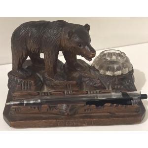 Black Forest Bear Inkwell, Marked Geneva Switzerland, Brienz Folk Art