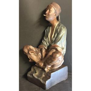 Goldscheider Vienna Dlg Young Oriental Smoker In Patinated Terracotta, Late 19th Century, 48cm, Signed 