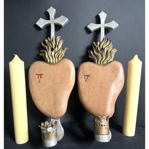 Pair Of Large 55cm Wall Sconces Burning Heart Design With Candles, Devotion Ex-voto 