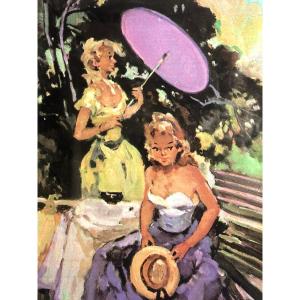 Pierre Grisot 1911-1995 Rare Silkscreen Print Of Elegant Young Women With Parasols /3