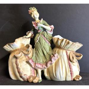 Elegant Double Flower Holder In Bisque Porcelain, Circa 1900