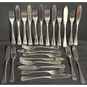 Christofle America Pattern 12 Fish Cutlery Set Luc Lanel Art Deco In Case Silver-plated Metal