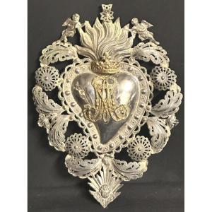 Large 24.3cm Silver Heart-shaped Votive Offering With Angel Motif, Unhallmarked, For Valentine's Day.