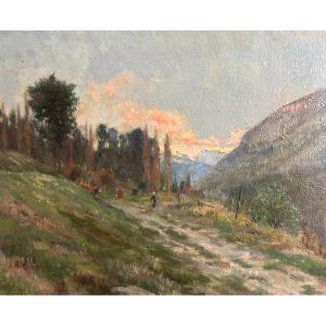 Charles Jullien, 20th Century, Oil Painting, Sunset At Vinay, Dauphiné, Grenoble