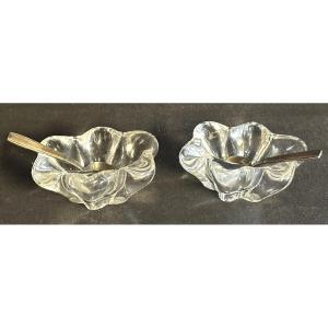 Daum France Crystal Salt And Pepper Shakers, Signed, With Spoons. Salt Shakers In Very Good Condition.