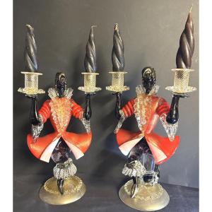 Important Pair Of Murano Glass Candlesticks By Barovier And Toso