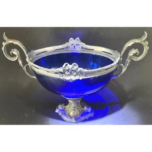 19th-century Cobalt Blue Glass Centerpiece; Silver-plated Spelter Bowl With Handles, 33cm, Louis XVI Style