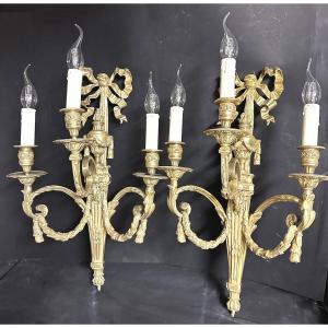 Important Pair Louis XVI Style Wall Sconce 58cm Gilt Bronze, With 3 Lights, 19th Century 
