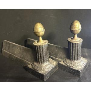 Pair Of 19th-century Louis XVI Neoclassical Andirons In Bronze And Cast Iron