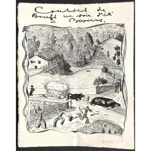 Bernard Gros 20th Century Drawing: Oxen Races In Biviers, Isère, Grenoble 