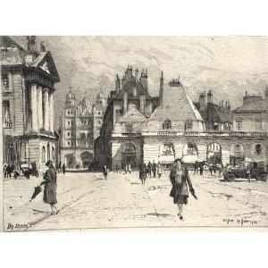 Joanny Drevet 1889-1969 Dijon Rare Etching Place De La Libération 1930 Burgundy Côte d'Or