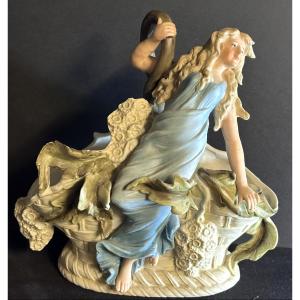 Flower Vase, Circa 1900, In Bisque Porcelain. Young Elegant Woman In A Blue Dress.