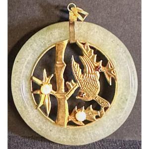 Asia Jade Ring Pendant With Small Opals And Red Stones China 