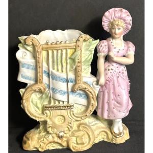 Musical Vase/flower Holder 1900 Young Elegant Woman With A Lyre. Biscuit Porcelain. Music. 