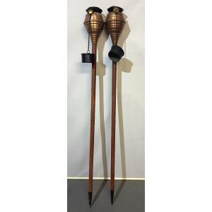 Antique Pair Of Garden Torches In Wood, Copper And Brass. For A Mosquito-repellent Ambiance.