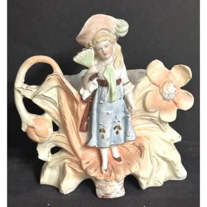 Elegant Young Flower Vase With Fan And Poppies Circa 1900, In Bisque Porcelain