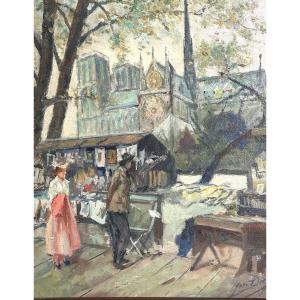 Yves Diey 1892-1984 Oil On Canvas, The Booksellers And Notre Dame, Paris, Delft Frame