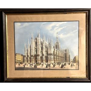 Milan Cathedral, Large Gouache Lithograph, 19th Century, 1862