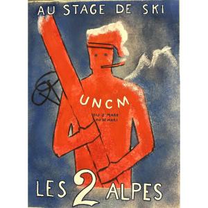 Rare Gouache Les 2 Alpes Uncm Ski 1940 Alps National Union Of Mountain Centers Ucpa 