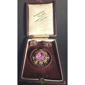Antique Brooch And Earrings Set In A Case Pink Crystal With Gold Mounts.