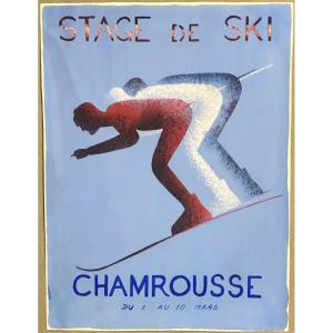 Rare Original Gouache Painting Of Chamrousse, 1940, Skiing In The Alps And Mountains